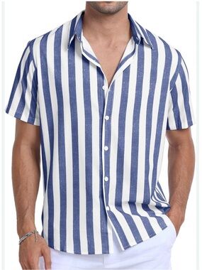 Lindbergh Casual Blue & White Vertical Stripe Short-Sleeve Button-Down Shirt